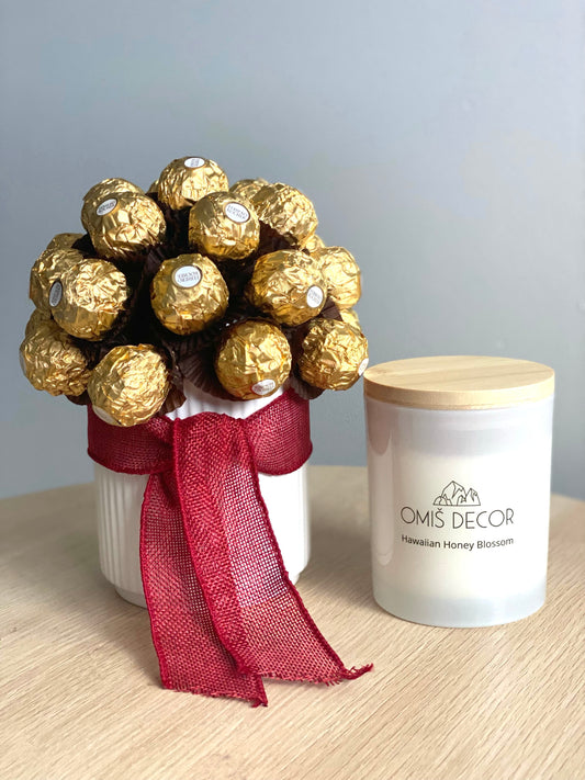 Chocolate floral arrangement and candle